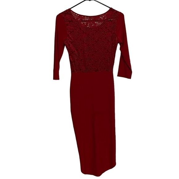 Charlotte Russe Red Back Lace Gathered Waist Quarter Length Sleeve Dress - Picture 6 of 7